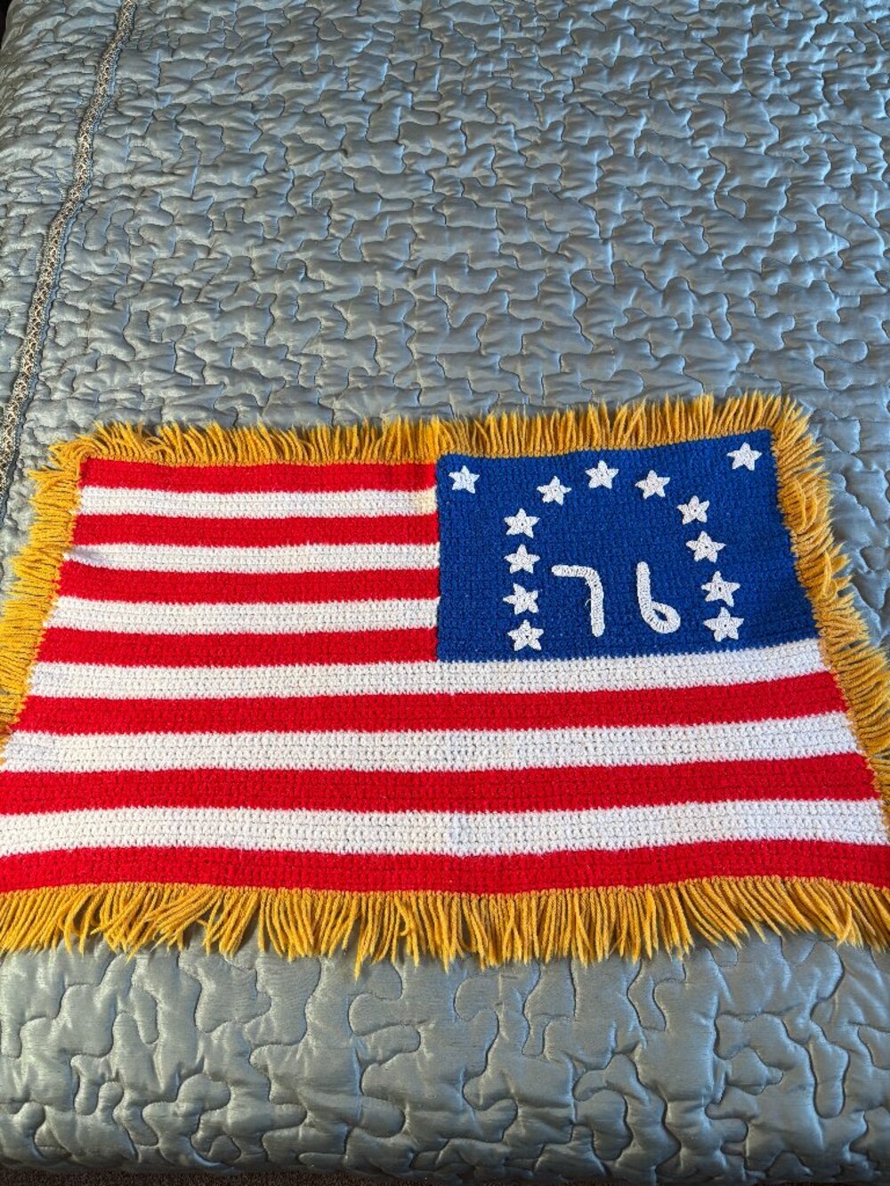 Vintage American Flag Afghan with Yellow Fringe 35 x 22"